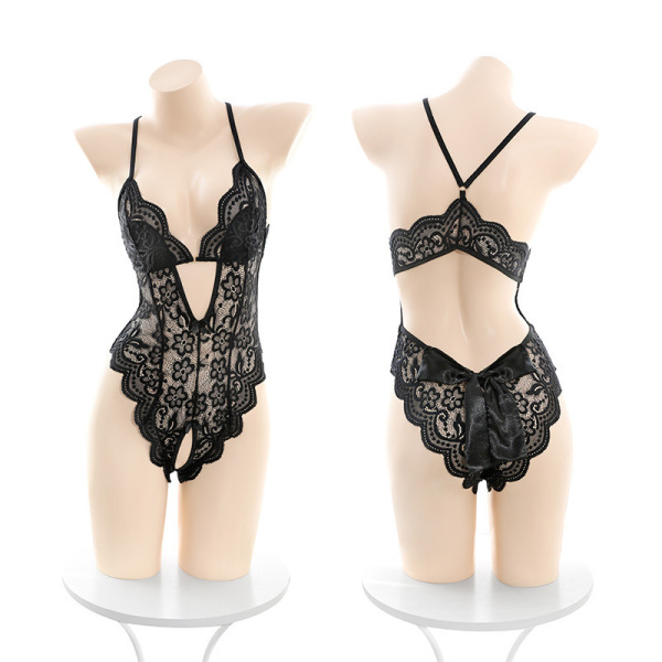 Black lace lingerie set with intricate floral patterns, featuring a seductive design for elegant nightwear.