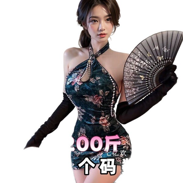 Woman in qqny pure allure sleepwear set – luxe satin chemise with floral print, matching briefs, long gloves, and fan.