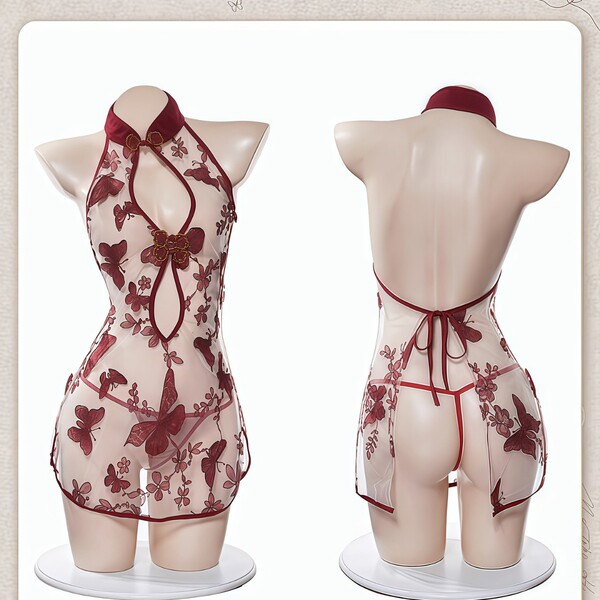 Sheer floral lingerie set with red accents, featuring a halter top and matching bottoms for a sensual bedroom look.