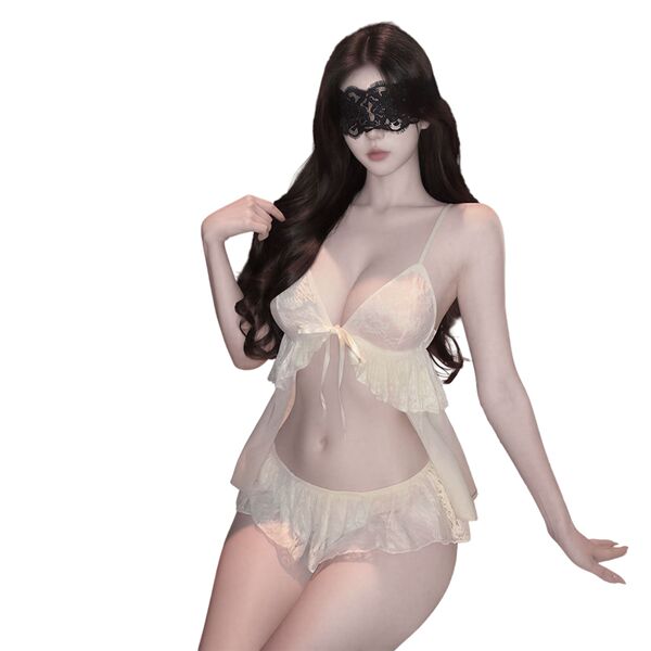 Elegant white lace sleepwear set featuring a sheer chemise with ruffled details and matching briefs, perfect for luxurious se...
