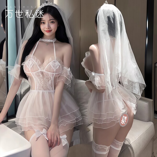 Woman wearing a delicate white lace dress with ruffles, thigh-high stockings, and a veil, embodying elegance and allure.