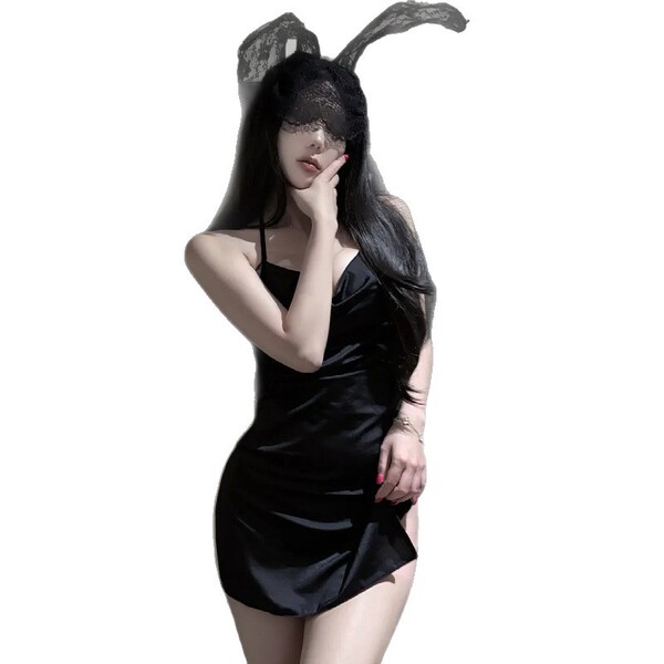 Woman in black satin qqny pure & sexy knotted neckline sleep dress with lace bunny ears, posing seductively for date night or...