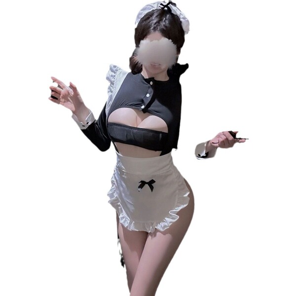Sexy maid costume lingerie set with open-cup top, crotchless skirt, and frilly apron — qqny pure temptation for women.
