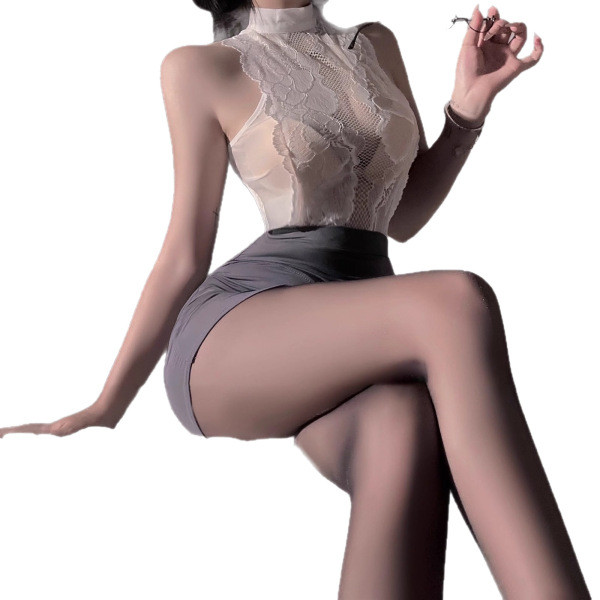 Woman in qqny pure & tempting lingerie set - secretary style lace sleepwear with pencil skirt, sexy womens costume outfit.