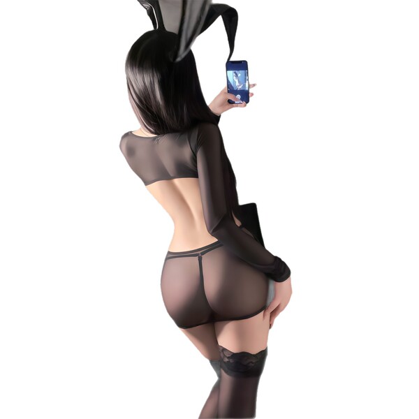 Woman in black sheer qqny seductive lounge set with bunny ears, holding phone. luxury sensual nightwear for allure.