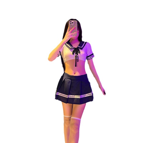 A stylish girl wearing a vibrant qqny sexy lingerie set, featuring a playful jk uniform with a short skirt design, perfect fo...
