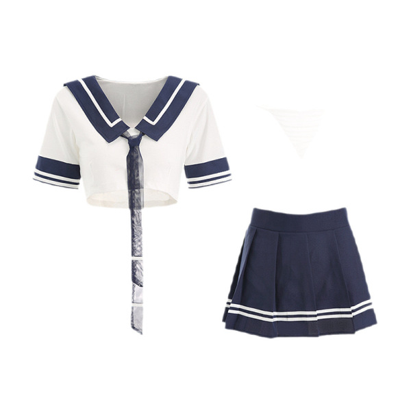 White and navy blue jk uniform set with short skirt, featuring a sailor-style top and pleated skirt for a pure and tempting l...
