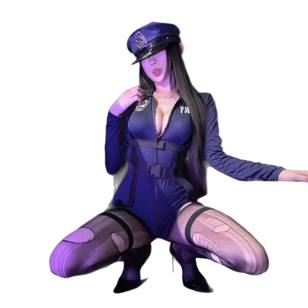 Woman in qqny sexy police uniform lingerie set, featuring a no-remove design for pure and tempting womens erotic sleepwear.