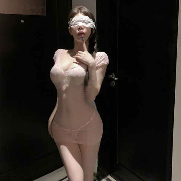 Woman wearing qqny silk-lace seductive lingerie set – a sheer, pink, cheongsam-inspired sleepwear with lace blindfold and pla...