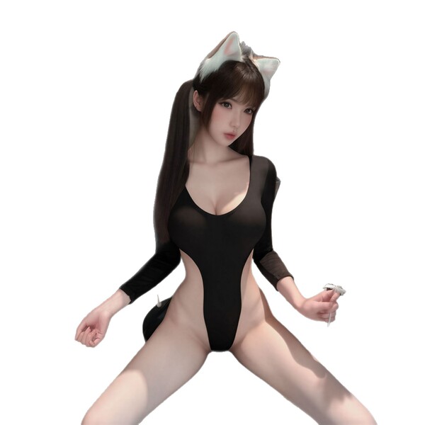Woman wearing qqny womens lingerie set - pure allure sleepwear, featuring a black bodysuit with cat ears, exuding sensuality ...