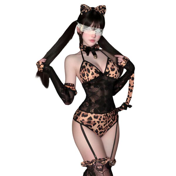 Woman in qqny womens sensual lace sleepwear set – pure allure elegant bedroom lingerie with leopard print and cat ears.