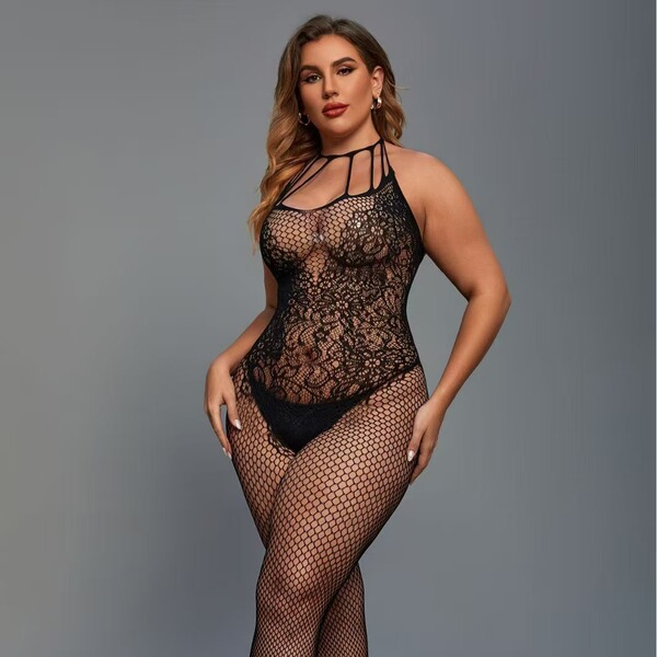 Transparent Lace Bodysuit Set - Sexy Open-Crotch Mesh Thong Bodystocking with Sheer Stockings for Women - QT012