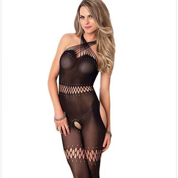Transparent Lace Bodysuit Set - Sexy Open-Crotch Mesh Thong Bodystocking with Sheer Stockings for Women - QT022