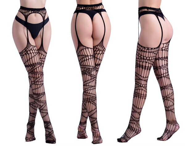 Transparent Lace Bodysuit Set - Sexy Open-Crotch Mesh Thong Bodystocking with Sheer Stockings for Women - QT027