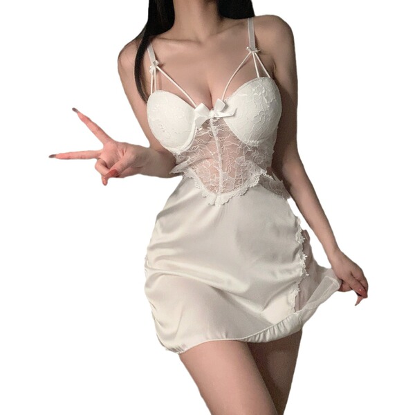 Woman wearing queen french deep v backless velvet cami set with lace detailing, elegant white sleepwear for women.