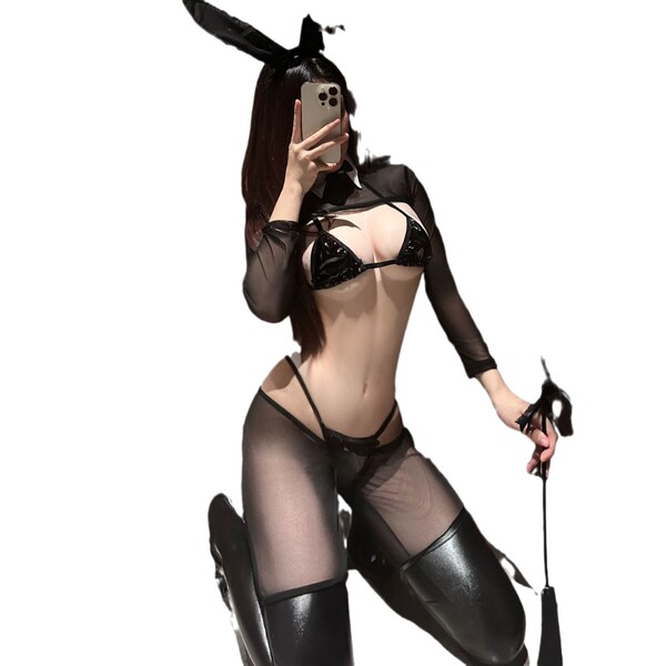 Sexy sheer mesh bunny outfit with rabbit ears, perfect for cosplay and role play. includes black lingerie set.