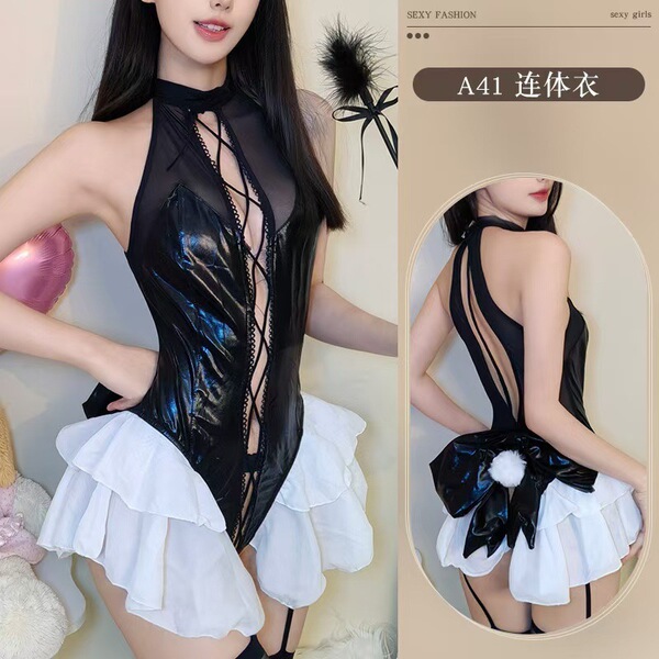 Nightclub Cat Bunny Girl Maid Costume - Sexy Open-Crotch Cosplay Bodysuit Set for Adults - Leather-skirted bunny bodysuit with ears