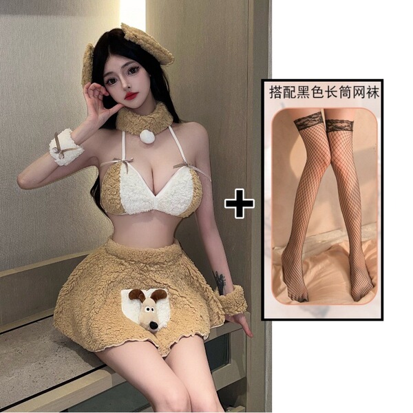 New Year Sexy Lingerie Set - Cute Plush Bear Anime Costume for Women, Nightclub No-Remove Outfit - Plush bunny girl + black fishnet stockings