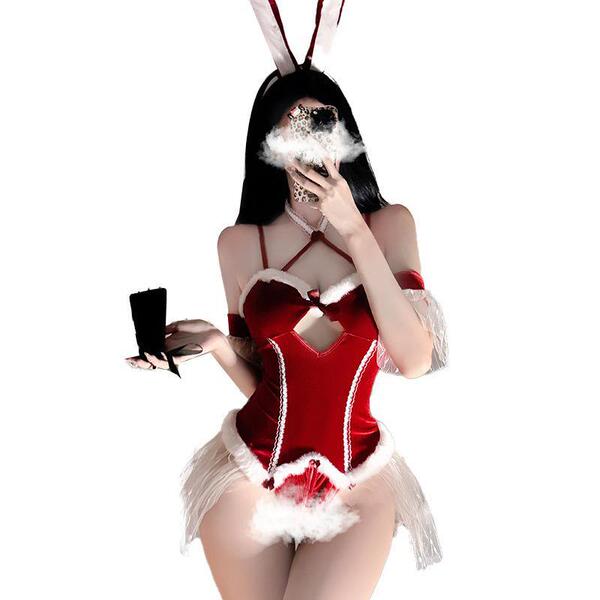 Sexy rabbit girl costume bodysuit featuring festive design, perfect for new year and christmas role play, with open-crotch st...