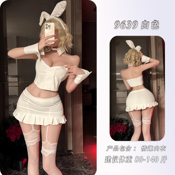 NightSiYeSe Seductive Bunny Girl Costume Set - Pure & Tempting Lingerie Sleepwear Outfit for Women - White bunny girl uniform + matching lace suspender stockings