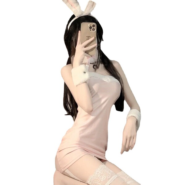Rabbit girl costume set featuring plush bunny lingerie outfit with fluffy tail and skirt, perfect for cosplay and role play.