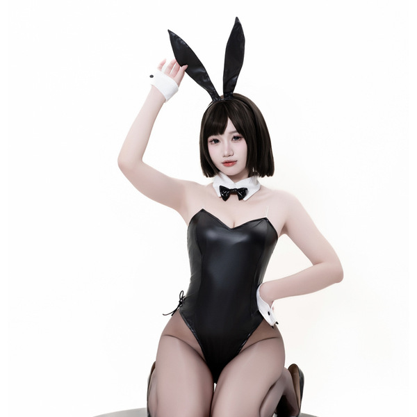 Sexy lace and patent leather bunny costume set featuring rabbit ears, perfect for role play and cosplay.