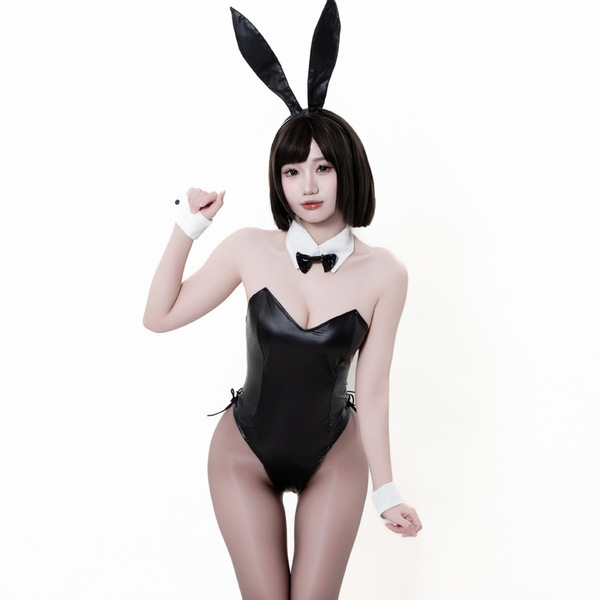 Sexy lace and patent leather rabbit girl costume set, perfect for role play and cosplay with bunny ears and bow tie.
