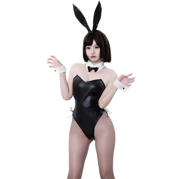 Sexy lace and patent leather bunny costume set featuring rabbit ears, bow tie, and thigh-high stockings for role play and cos...
