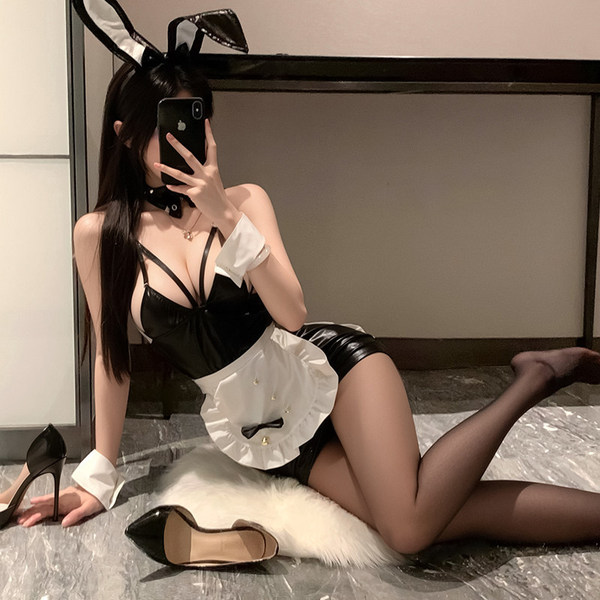 Sexy rabbit girl costume set featuring black and white lingerie outfit, perfect for seductive bunny sleepwear and bedroom pla...