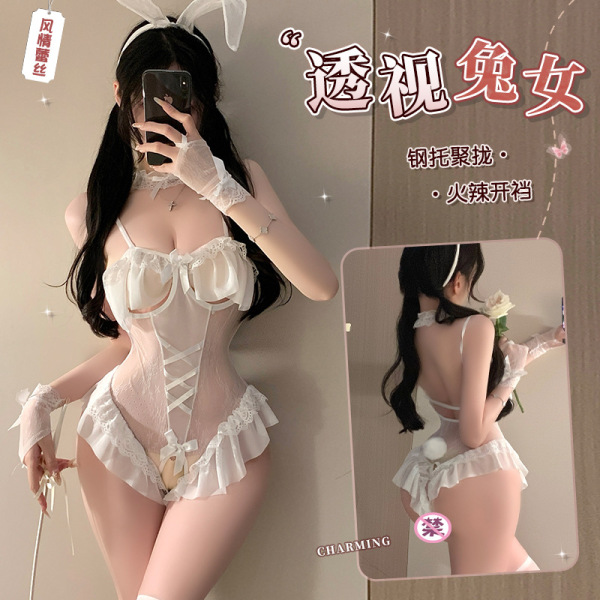Woman modeling a sexy sheer lace rabbit girl bodysuit with underwire push-up cups, open-crotch design, and bunny ears headban...