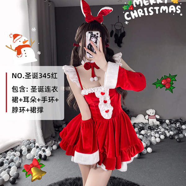 Sexy bunny outfit for women, featuring a festive red dress with white accents, bunny ears, and holiday-themed accessories. pe...