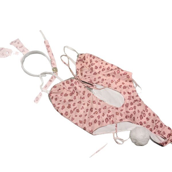 Pink leopard-print bodysuit with open crotch, matching garter belt, and fluffy tail accessory for role play.