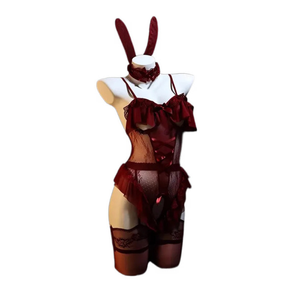 Red lace rabbit girl lingerie set with ears, featuring a tight-fit bodysuit and stockings for women.