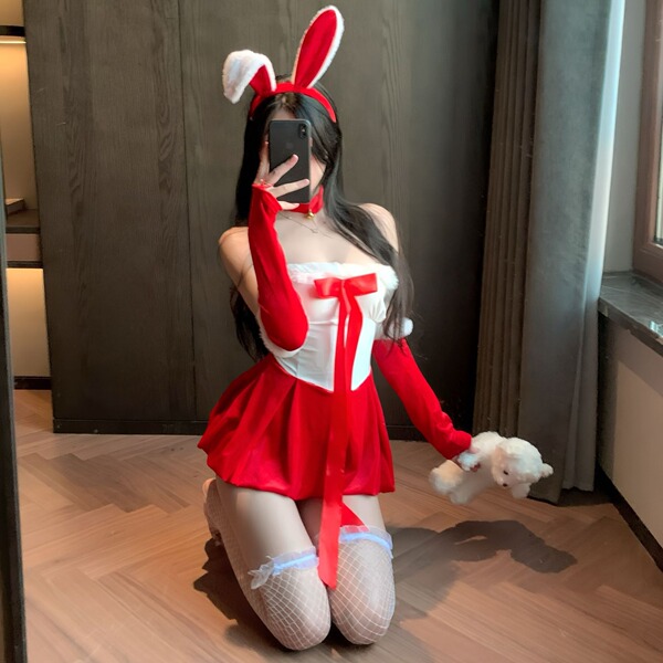 Sexy rabbit-themed sleepwear set featuring red and white colors, complete with bunny ears, long gloves, fishnet stockings, an...