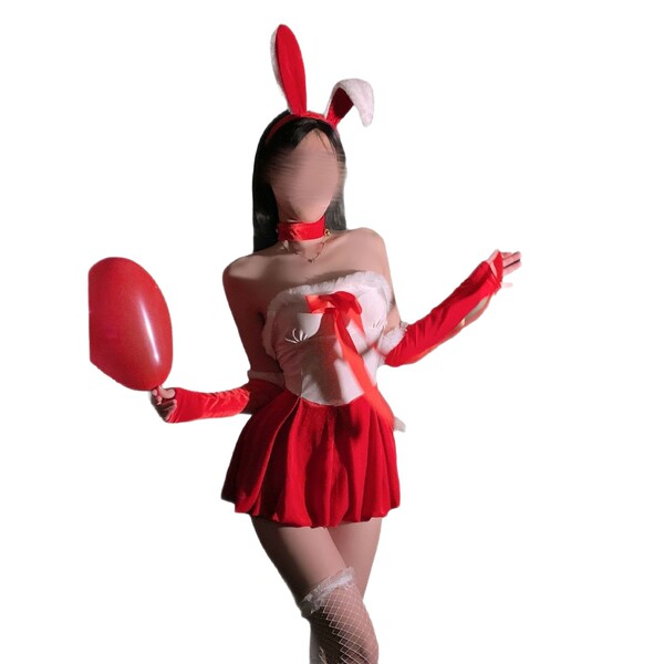 Sexy holiday costume featuring a rabbit-themed sleepwear set with red bunny ears, bow, and ties, perfect for festive occasion...