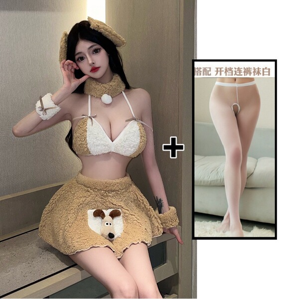 New Year Sexy Lingerie Set - Cute Plush Bear Anime Costume for Women, Nightclub No-Remove Outfit - Plush bunny girl + white open-crotch stockings