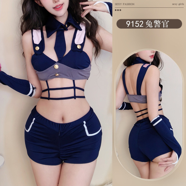 Cute Bunny Girl Costume Set - Sexy Rabbit Officer Role Play Outfit, Split Short Shorts Lingerie - Rabbit Officer Outfit + White Stockings