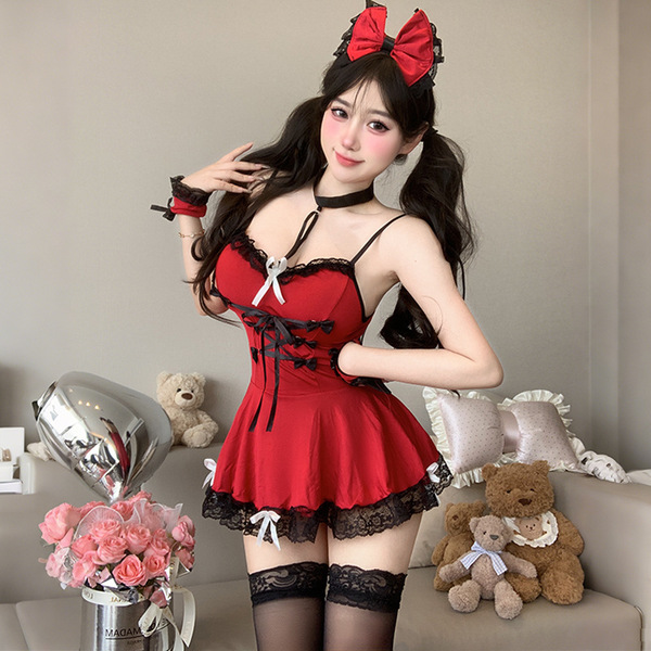 Sexy maid costume set featuring red dress with lace details, stockings, and headband, perfect for roleplay or sleepwear.