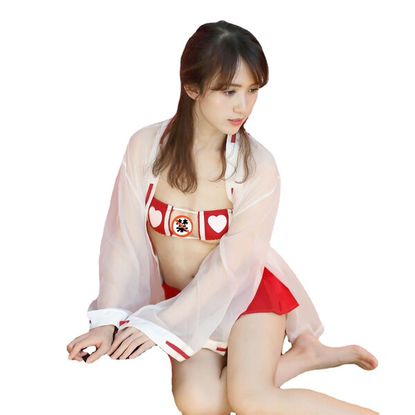 Rainy night seduction lingerie set featuring a shrine maiden kimono style with a bondage bra and pleated skirt, perfect for i...