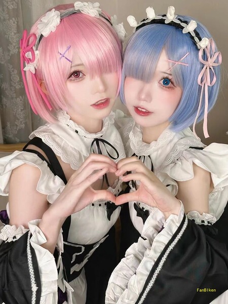 Two cosplayers wearing the ram & rem cosplay costume set - re:zero maid outfit, featuring lolita-style anime dresses with bla...