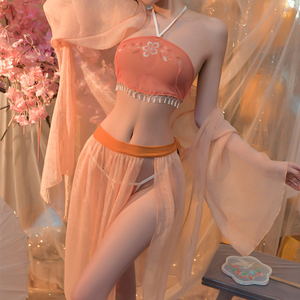 Seductive Chinese-Inspired Lingerie Set - Hanfu-Style Sexy Sleepwear & Removable Belly Dance Dudou Outfit - Orange-red