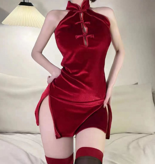Domeilado Sexy Sheer Lace Bunny Girl Apron Costume - Seductive Role Play Outfit with Underwire Bra - Red retro cheongsam