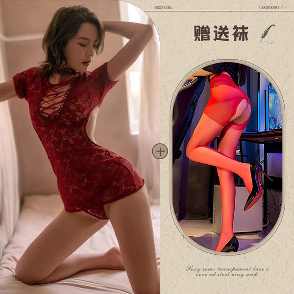 Manyeqing Lace Seductive Qipao Lingerie for Women – Sexy Cut-Out Bustier Short Costume with Ties & Sheer Details - Burgundy + Red Open Crotch Socks