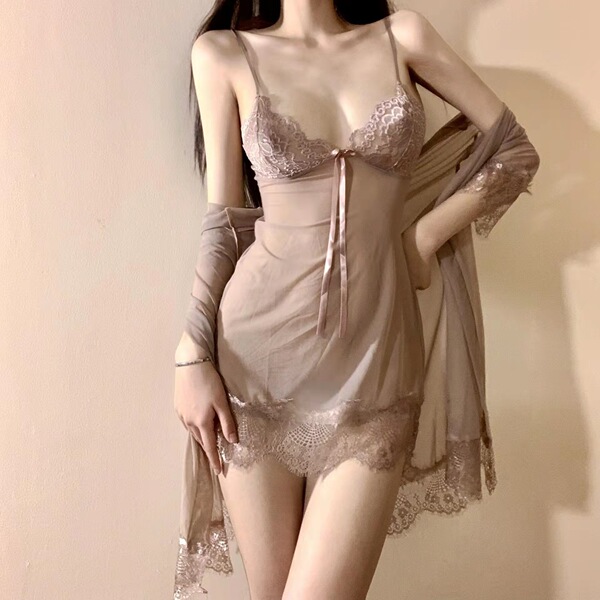 Elegant Lace Sheer Babydoll Set for Women – Sexy Transparent Camisole & Matching Panty Ensemble - Red bean paste