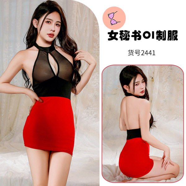Sensual Lace Bedtime Wrap Dress – Flirty Sheer Skirt for Women, Romantic Sleepwear & Couples Intimacy Outfit - Red and black + black open-crotch stockings