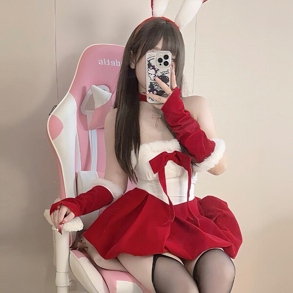 Sexy Christmas Sweet-Spicy Bralette Set with Red Santa Hat & Bow Neckline Lingerie Outfit - Red suit + black open-crotch stockings