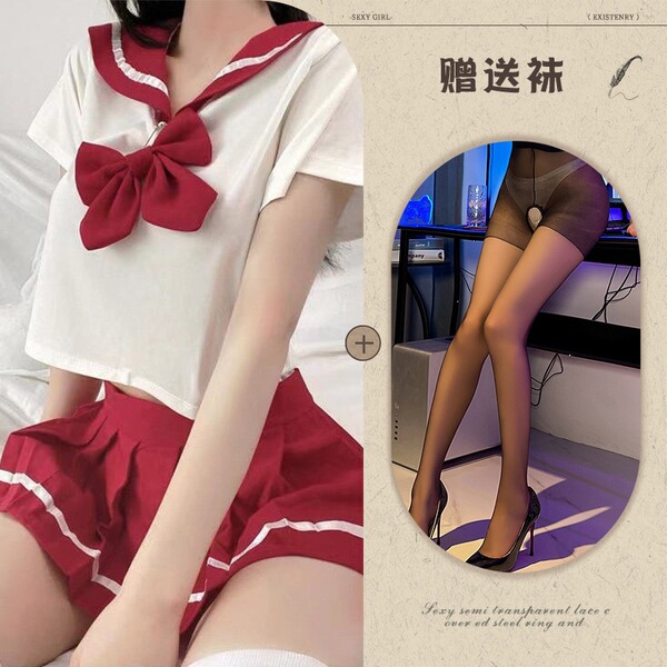 Mannye Qing Sexy Lingerie Set - Cute Schoolgirl JK Uniform Skirt, Seductive & Trendy Outfit for Women - Red and black open-crotch socks
