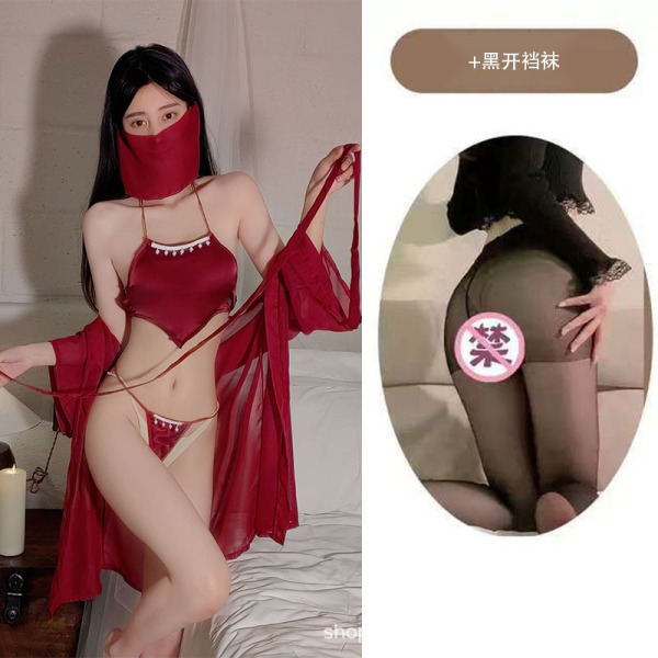 Vintage Chinese Costume Lingerie Set for Women - Red Sheer Mask, Heart-Shaped Tassel Bodice & Role Play Outfit - Burgundy suit + black open-crotch stockings