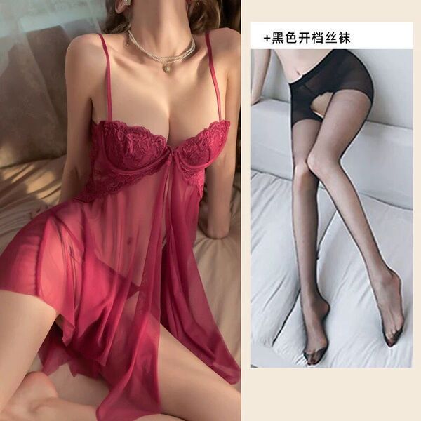 Sexy Lace Sheer Sleep Dress for Women – Front Slit, Underwire Push-Up Nightgown with Seductive Design - Burgundy suit + black open-crotch stockings