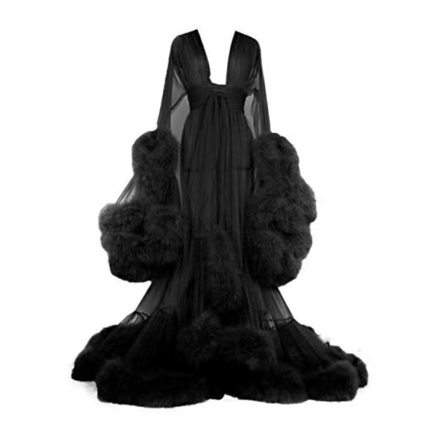Sexy Feather Sheer Nightgown -European and American Style Long Sleeve Lace Trim Sleep Dress with Flared Sleeves & Train - Burgundy with black trim